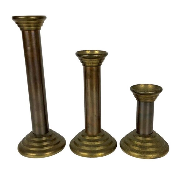 Brass Copper Candlestick Taper Candle Holder Set Of 3 Graduated Heights India - Picture 2 of 6